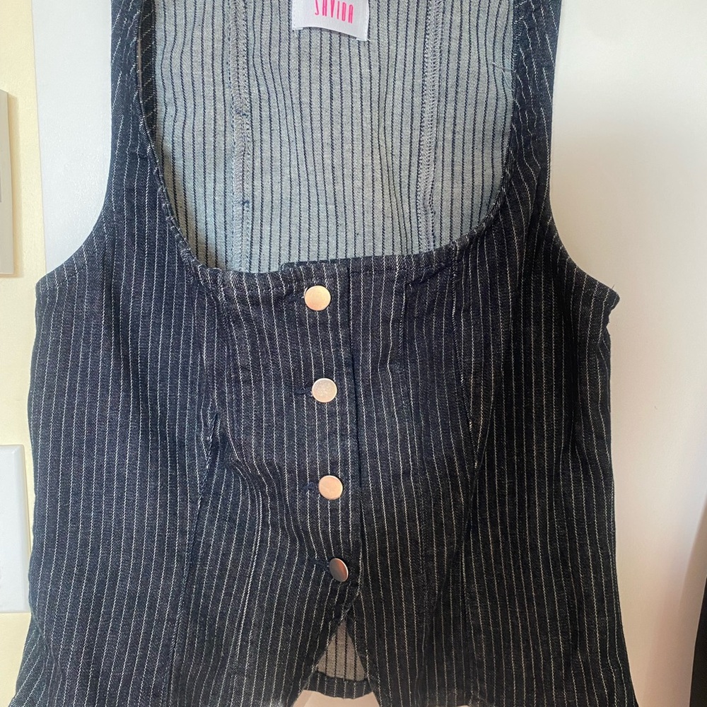 VIDA Navy Pinstripe Tank Top with Button Accents